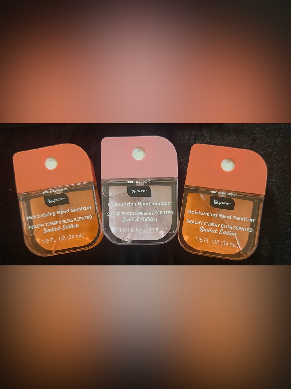 🍑🍒🍓b·pure Hand Sanitizer 2 Peachy Cherry Bliss & 1 Sugared Strawberry